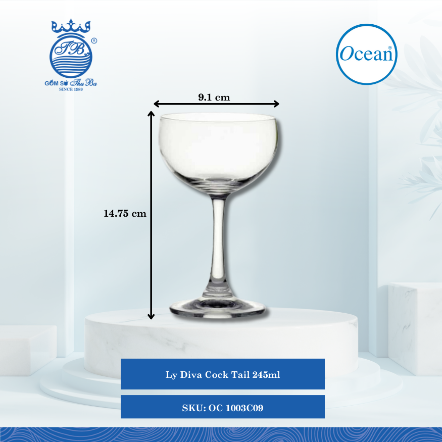 Ly Diva Cock Tail 245ml Ø: 9.1cm Ø:Đáy: 7.3cm Ø:M 8.8cm 245ml Cao: 14.75cm 48 Cái/Thùng 6 Cái/Hộp Ocean Thủy Tinh OC 1003C09