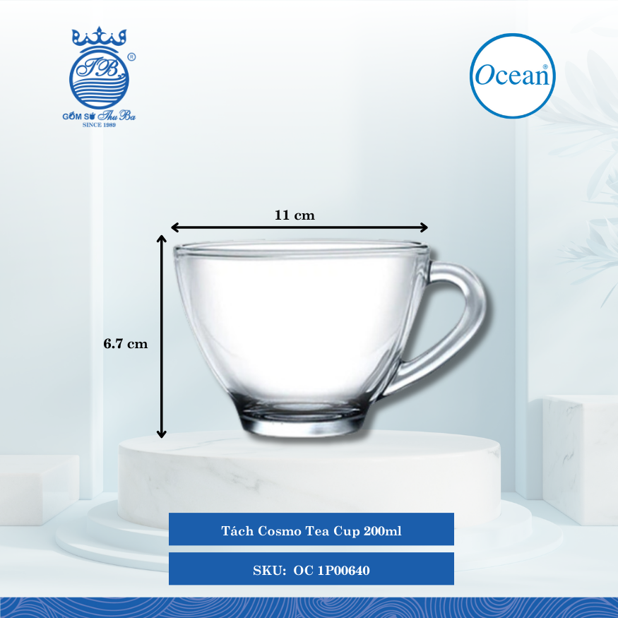 Tách Cosmo Tea Cup 200ml Ø: 11cm Ø:Đáy: 4.2cm Ø:M 8.85cm 230ml Cao: 6.7cm 72 Cái/Thùng 6 Cái/Hộp Ocean Thủy Tinh OC 1P00640