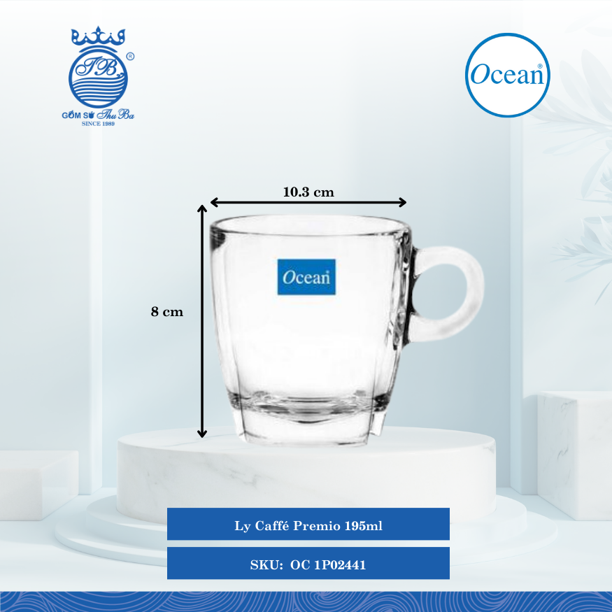 Ly Caffé Cappuccino 195ml Ø: 10.3cm Ø:Đáy: 6.2cm Ø:M 7.6cm 195ml Cao: 8cm 48 Cái/Thùng 6 Cái/Hộp Ocean Thủy Tinh OC 1P02441