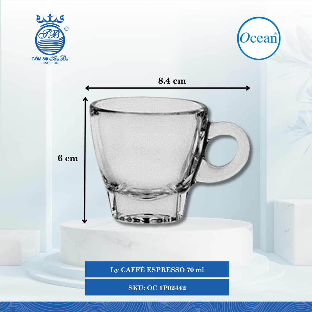 Ly Caffé Espresso 70ml Ø: 8.4cm Ø:Đáy: 4.4cm Ø:M 6.2cm 70ml Cao: 6cm 72 Cái/Thùng 6 Cái/Hộp Ocean Thủy Tinh OC 1P02442