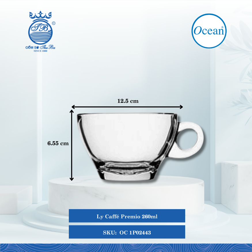 Ly Caffé Latte 260ml Ø: 12.5cm Ø:Đáy: 6cm Ø:M 10cm 260ml Cao: 6.55cm 48 Cái/Thùng 6 Cái/Hộp Ocean Thủy Tinh OC 1P02443