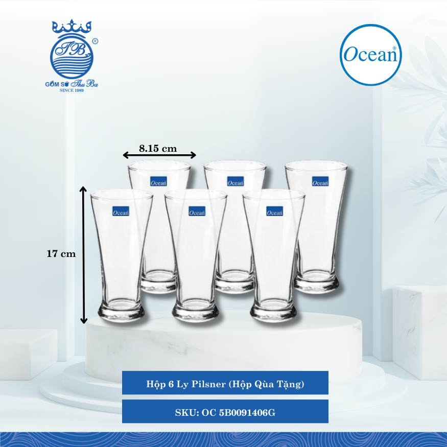Hộp 6 Ly Pilsner (Hộp Qùa Tặng) Ø: 8.15cm ØĐáy: 6.5cm ØMiệng: 8.1cm 400ml Cao: 17cm Ocean Thủy Tinh OC 5B0091406G