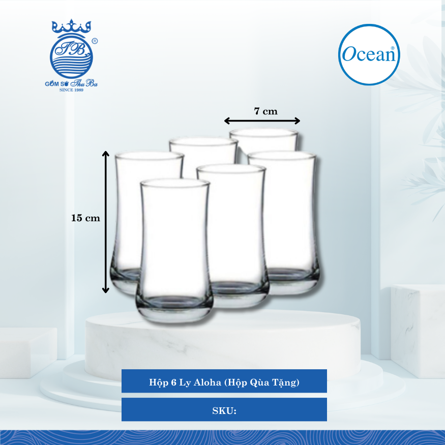Hộp 6 Ly Aloha (Hộp Qùa Tặng) Ø: 7cm ØĐáy: 5.5cm ØMiệng: 6.7cm 360ml Cao: 15cm Ocean Thủy Tinh OC 5B0171206G