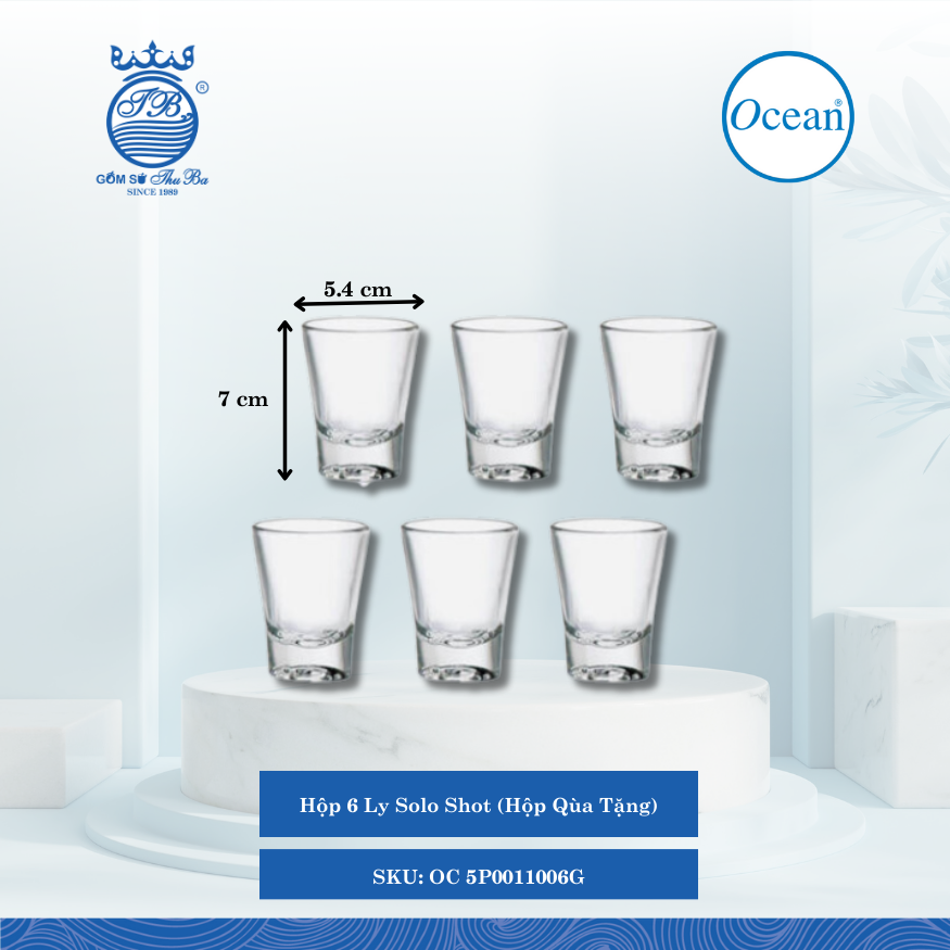 Hộp 6 Ly Solo Shot (Hộp Qùa Tặng) Ø: 5.4cm ØĐáy: 4.1cm ØMiệng: 5.4cm 60ml Cao: 7cm Ocean Thủy Tinh OC 5P0011006G