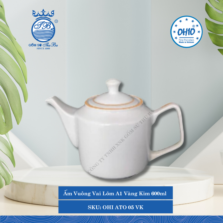 Ấm Vuông Vai Lõm A1 Vàng Kim 600ml 6 Cái/Thùng Ohio Sứ OHI ATO 05 VK
