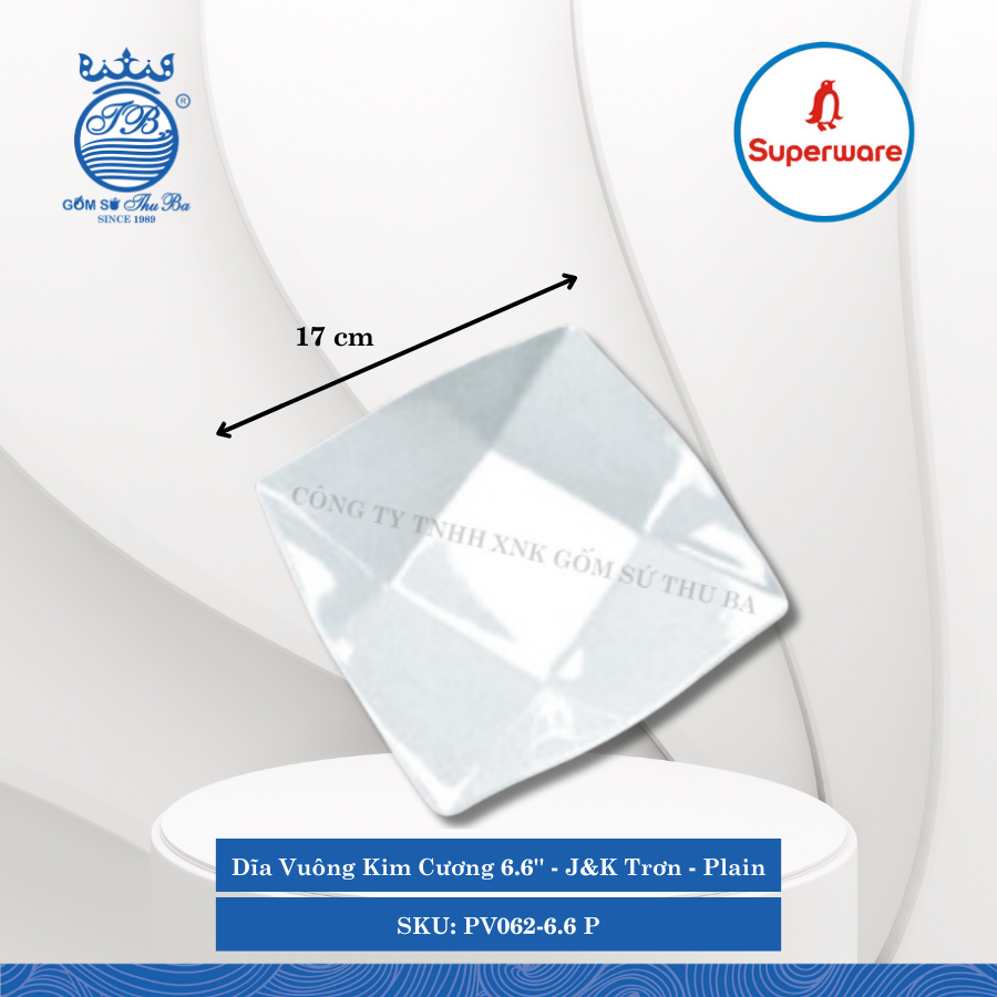 Dĩa Vuông Kim Cương 6.6'' J&K Trơn Plain (Trắng Trơn) Dài: 17cm Rộng: 17cm Cao: 2.7cm Superware Nhựa PV062-6.6 P
