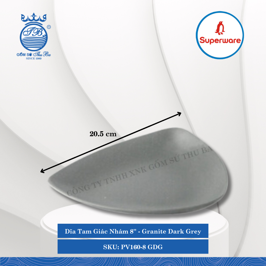 Dĩa Tam Giác Nhám 8'' J&K Nhám Granite Dark Grey (Xám Granite) Dài: 20.5cm Rộng: 20.5cm Cao: 3.5cm Superware Nhựa PV160-8 GDG