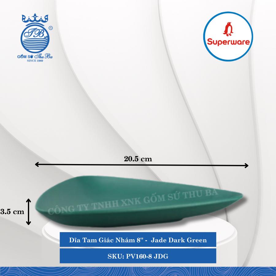 Dĩa Tam Giác Nhám 8'' J&K Nhám Jade Dark Green (Xanh Bích) Dài: 20.5cm Rộng: 20.5cm Cao: 3.5cm Superware Nhựa PV160-8 JDG