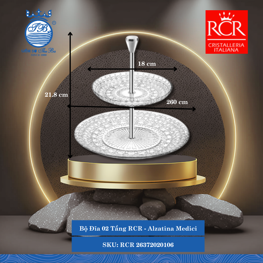Bộ Đĩa 02 Tầng Alzatina Medici C: 21.8cm 2 Cái/Hộp RCR Crystal Thủy Tinh RCR 26372020106