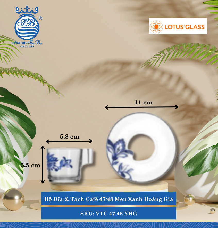 Bộ Đĩa & Tách Café Men Xanh Hoàng Gia Lotus Glass Thủy Tinh