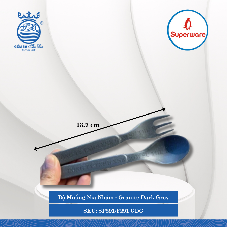 Bộ Muỗng Nĩa Nhám Trẻ Em Granite Dark Grey (Xám Granite) Dài: 13.7cm Superware Nhựa SP291/F291 GDG