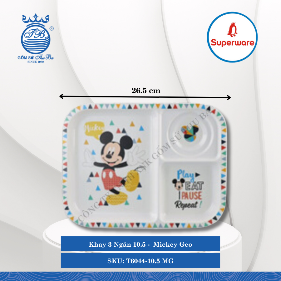 Khay 3 Ngăn 10.5 Hoa Văn Trẻ Em Mickey Geo Dài: 26.5cm Rộng: 20.5cm Cao: 2.2cm Superware Nhựa T6044-10.5 MG
