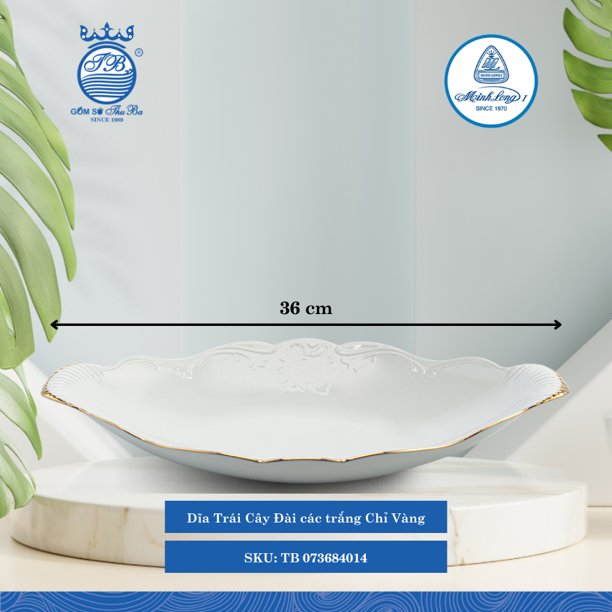 Dĩa Trái Cây Đài Các Chỉ Vàng Dài:43cm Rộng: 25cm Cao: 9cm ML I Sứ TB 073684014
