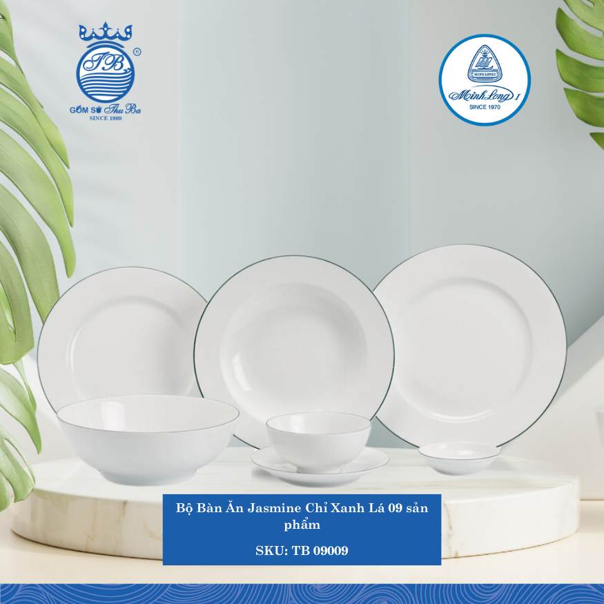 Bộ Đồ Ăn 9 Sản Phẩm Jasmine Chỉ Xanh Lá ML I Sứ TB 09009