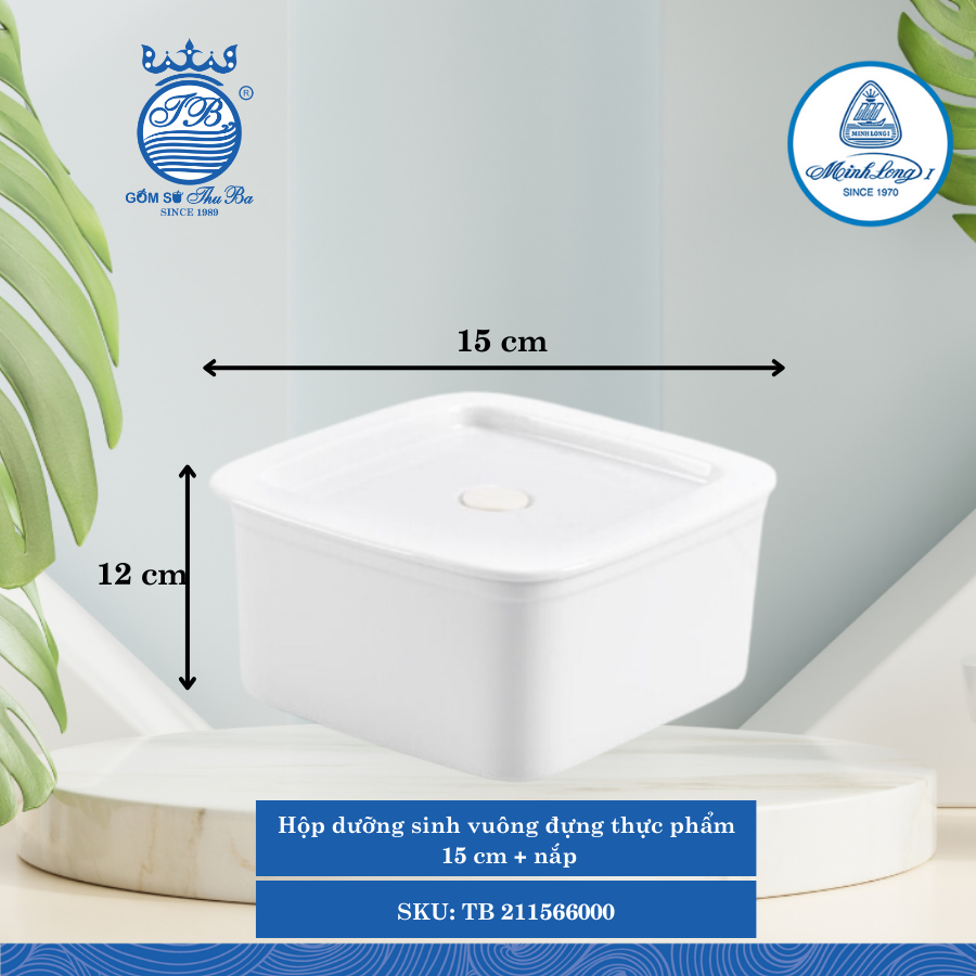 Hộp Vuông Đựng Thực Phẩm Có Nắp Dưỡng Sinh Trắng Dài:15cm Rộng: 15cm Cao: 12cm ML I Sứ TB 211566000