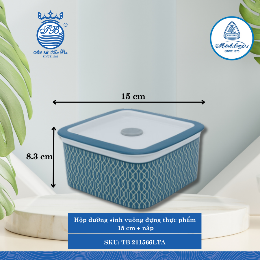 Hộp Vuông Đựng Thực Phẩm Có Nắp Dưỡng Sinh Indigo (LTA) Dài:15cm Rộng: 15cm Cao: 8.3cm ML I Sứ TB 211566LTA