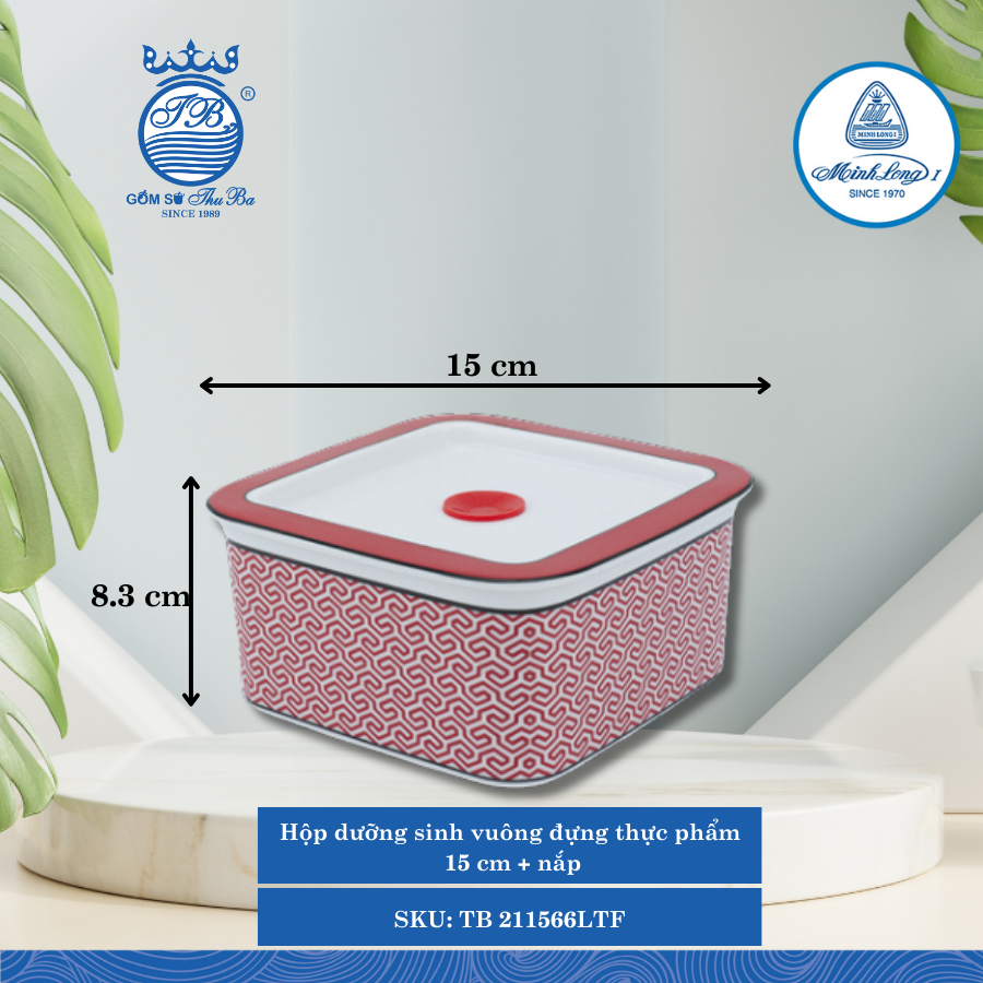 Hộp Vuông Đựng Thực Phẩm Có Nắp Dưỡng Sinh Red Karakusa (LTF) 1,000ml Dài:15cm Rộng: 15cm Cao: 8.3cm ML I Sứ TB 211566LTF