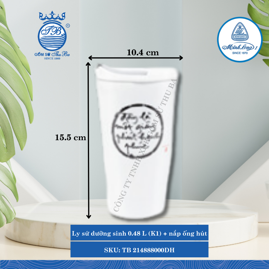Ly Giữ Nhiệt Có Nắp, Ống Hút Dưỡng Sinh Trắng - C2 Ø: 10.4cm 480ml Cao: 15.5cm ML I Sứ TB 214888000DH