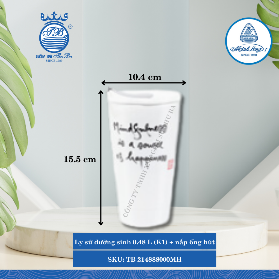 Ly Giữ Nhiệt Có Nắp, Ống Hút Dưỡng Sinh Trắng - C4 Ø: 10.4cm 480ml Cao: 15.5cm ML I Sứ TB 214888000MH