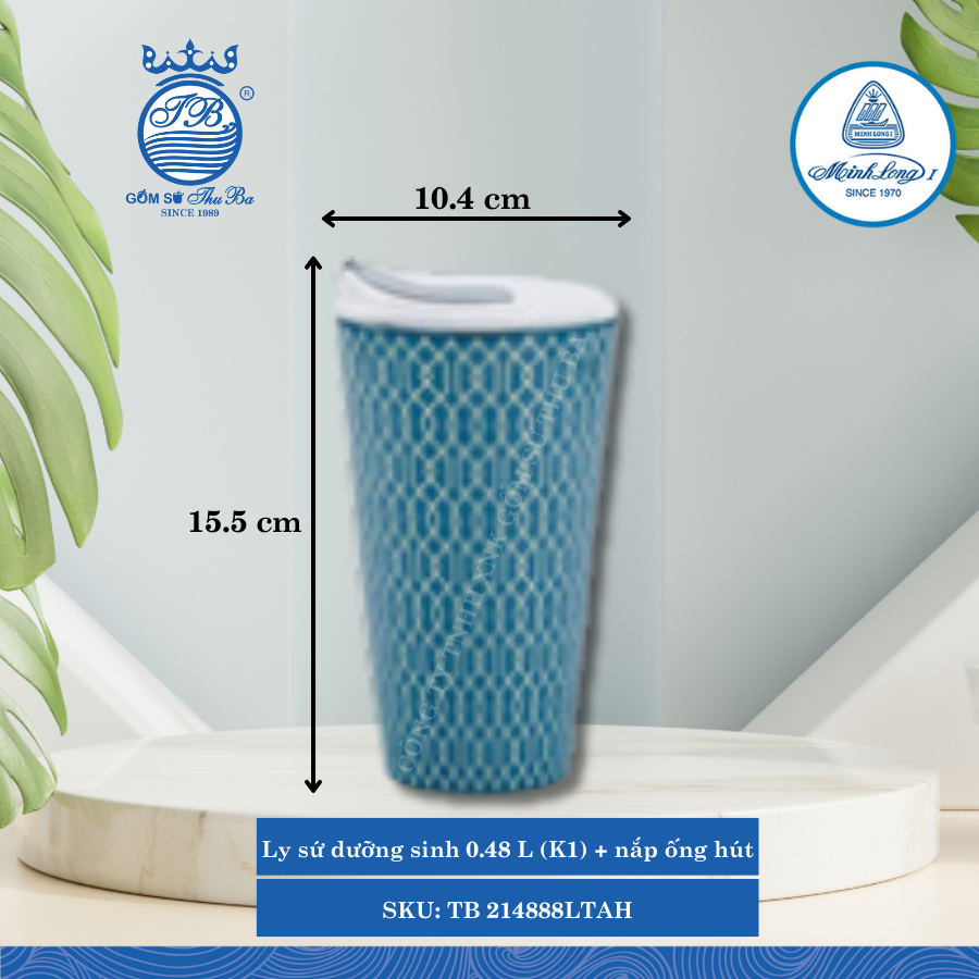 Ly Giữ Nhiệt Có Nắp, Ống Hút Dưỡng Sinh Indigo (LTA) Ø: 10.4cm 480ml Cao: 15.5cm ML I Sứ TB 214888LTAH