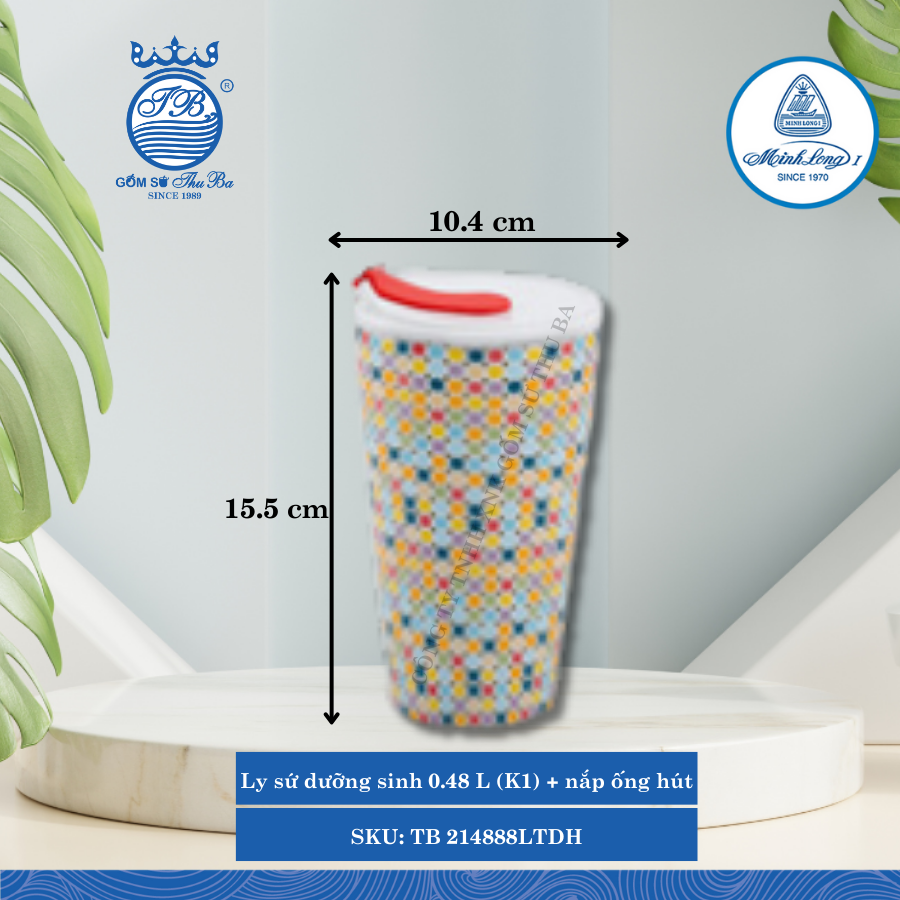 Ly Giữ Nhiệt Có Nắp, Ống Hút Dưỡng Sinh Mosaic (LTD) Ø: 10.4cm 480ml Cao: 15.5cm ML I Sứ TB 214888LTDH
