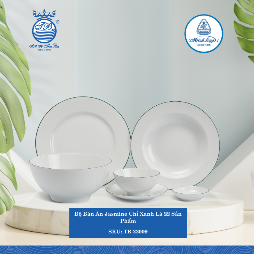 Bộ Đồ Ăn 22 Sản Phẩm Jasmine Chỉ Xanh Lá ML I Sứ TB 22009