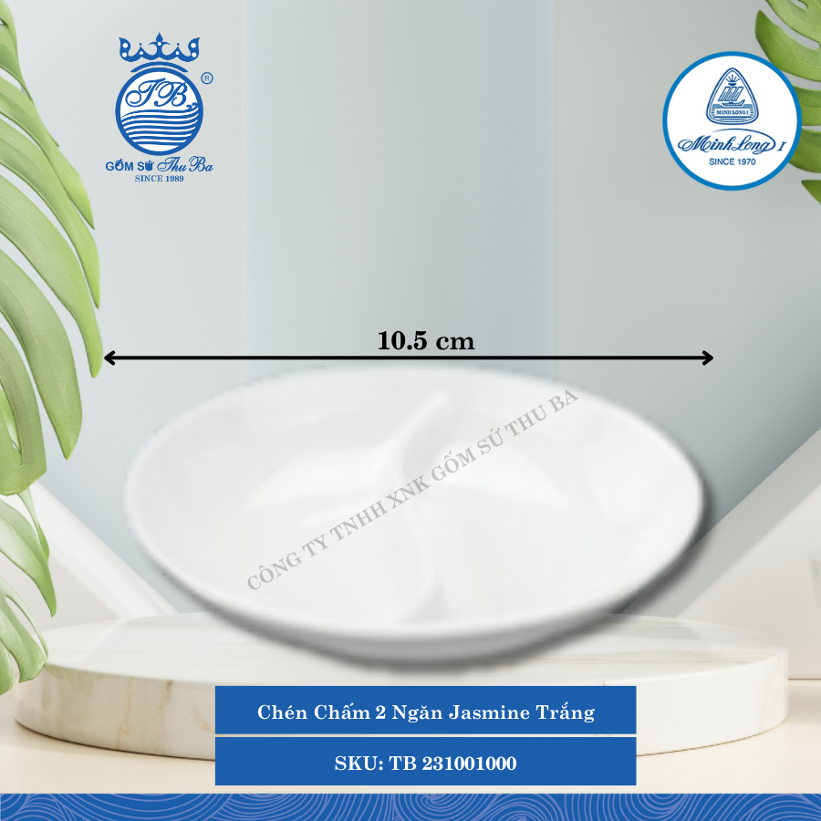 Chén Chấm 2 Ngăn Jasmine Trắng Dài:10.5cm Rộng: 9cm Cao: 2cm ML I Sứ TB 231001000