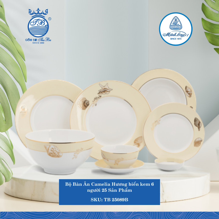 Bộ Đồ Ăn 25 Sản Phẩm Camellia Hương Biển Kem ML I Sứ TB 25089B