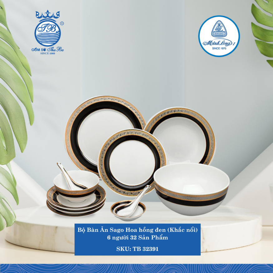 Bộ Đồ Ăn 32 Sản Phẩm Sago Hoa Hồng Đen (KN) ML I Sứ TB 32391