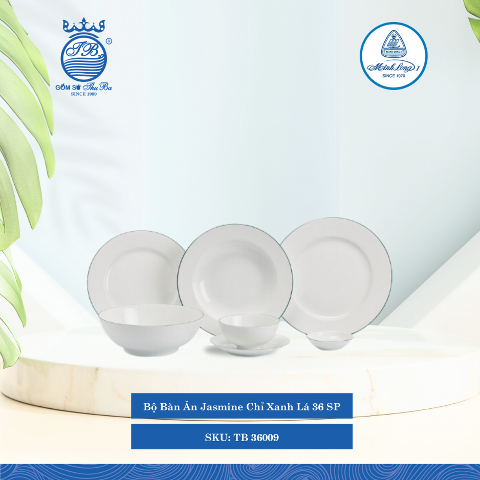 Bộ Đồ Ăn 36 Sản Phẩm Jasmine Chỉ Xanh Lá ML I Sứ TB 36009