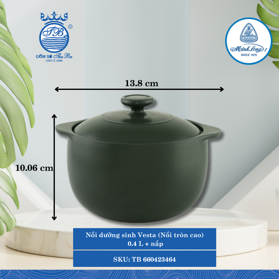 Nồi Tròn Cao Có Nắp Dưỡng Sinh Vesta Healthy Cook Xanh Rêu (Nhiều Size, Nhiều Loại) ML I Sứ