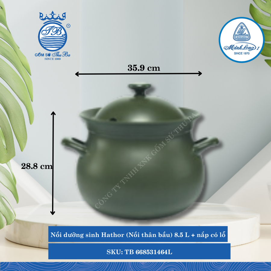 Nồi Thân Bầu Kèm Nắp Có Lỗ Healthy Cook (Dưỡng Sinh Hathor) Xanh Rêu 8,500ml Dài:35.9cm Rộng: 29.3cm Cao: 28.8cm ML I Sứ TB 668531464L