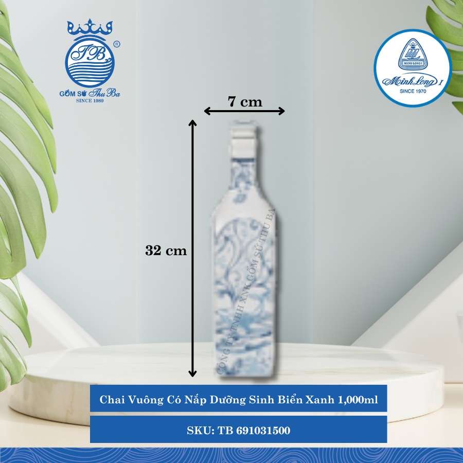 Chai Vuông Có Nắp Dưỡng Sinh Biển Xanh 1,000ml Dài:7cm Rộng: 7cm Cao: 32cm ML I Sứ TB 691031500