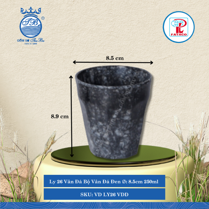 Ly 26 Vân Đá Bộ Vân Đá Đen Ø: 8.5cm 250ml Cao: 8.9cm Fataco Nhựa VD LY26 VDD