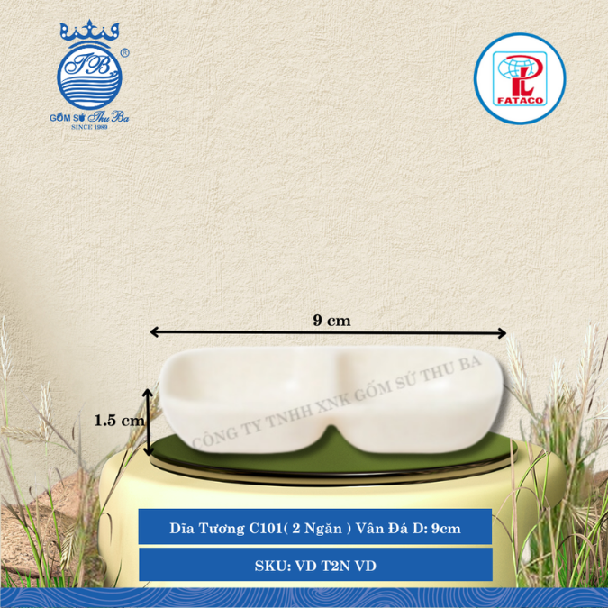 Dĩa Tương C101( 2 Ngăn ) Vân Đá Bộ Vân Đá Dài: 9cm Rộng: 7.3cm Cao: 1.5cm Fataco Nhựa VD T2N VD