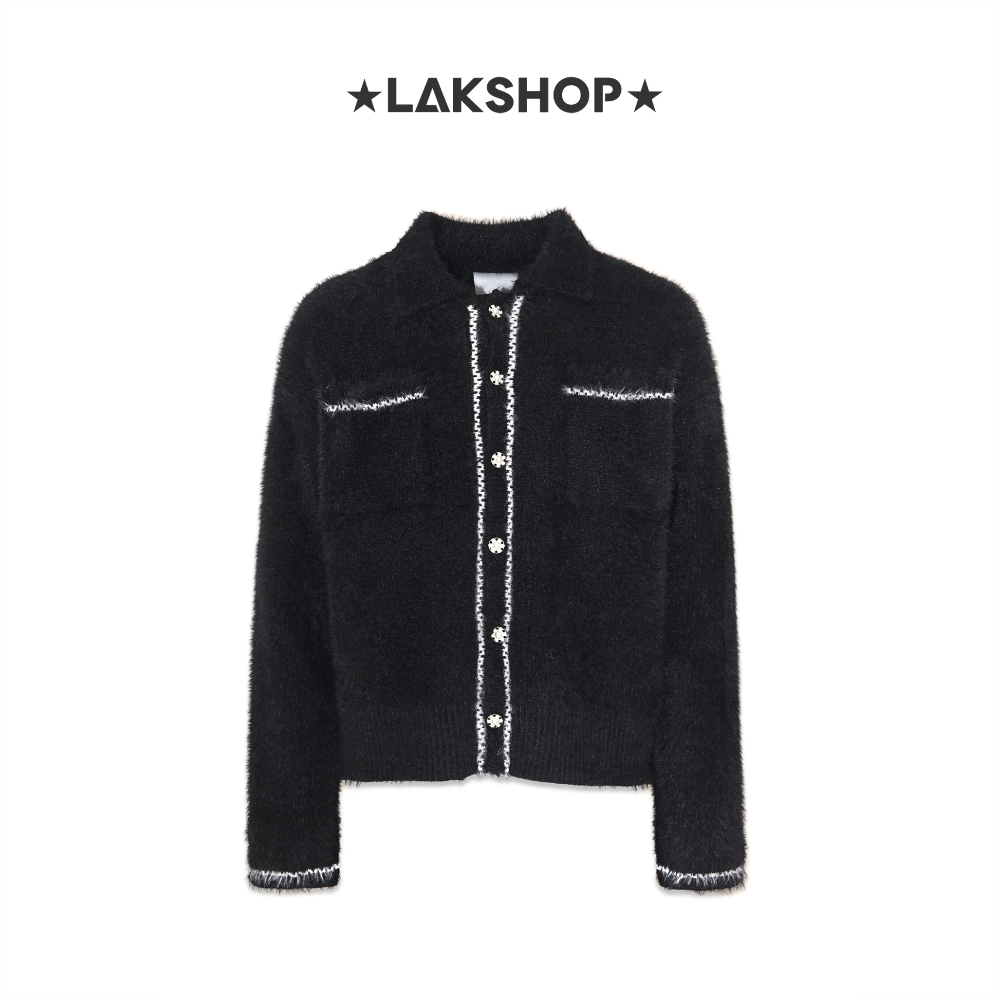 Áo Black Mohair with Trim Polo/ Cardigan Sweater