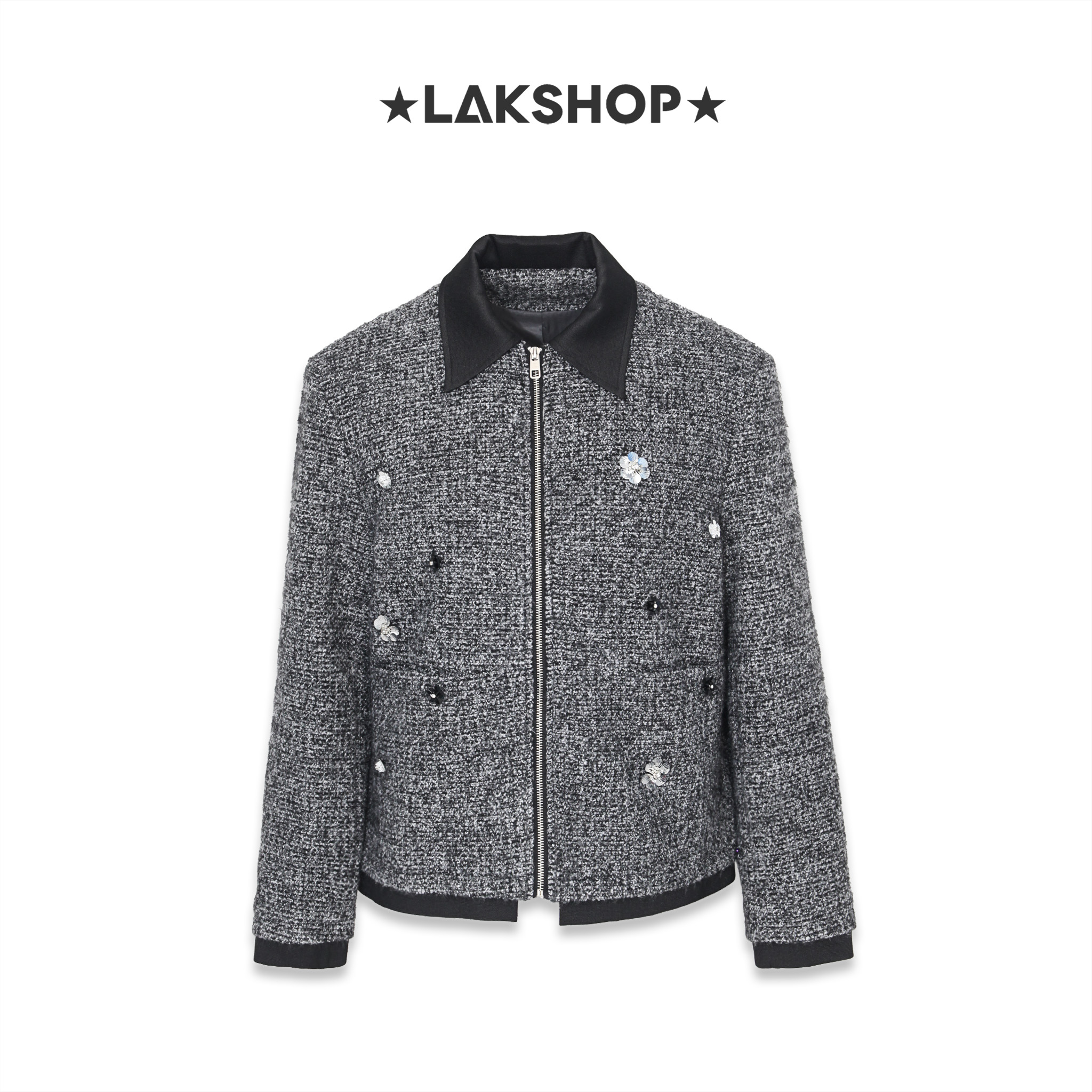 Áo Grey Smoke Zipper Tweed Jacket