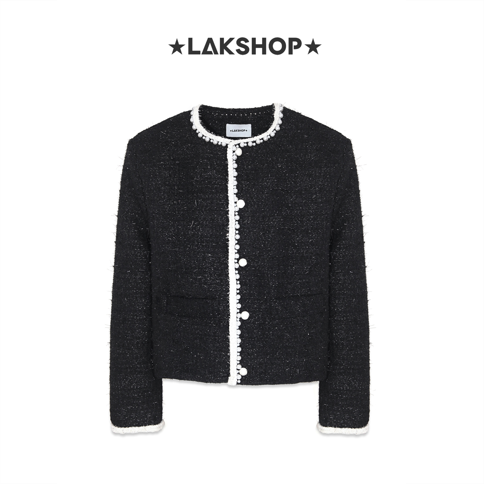 Áo Black with Pearl Trim Tweed Jacket