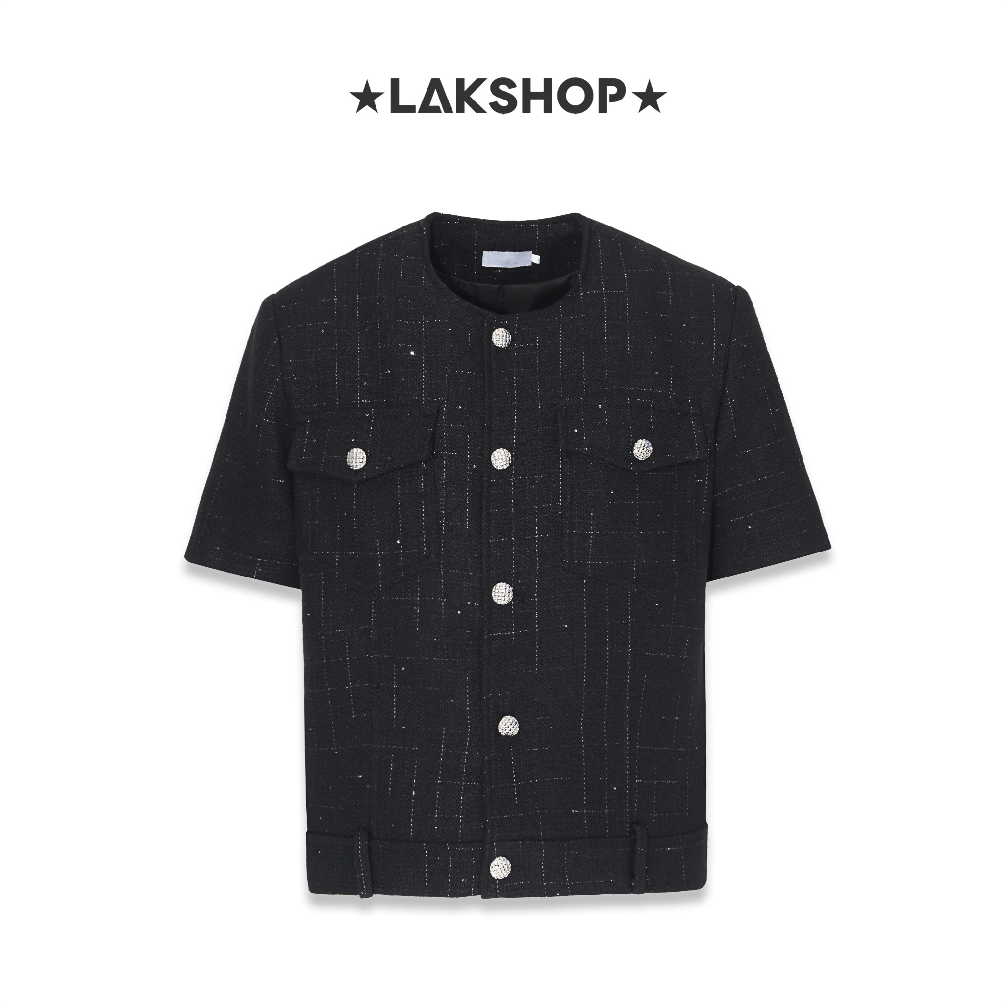 Áo Black Grid Tweed Short Sleeve Jacket