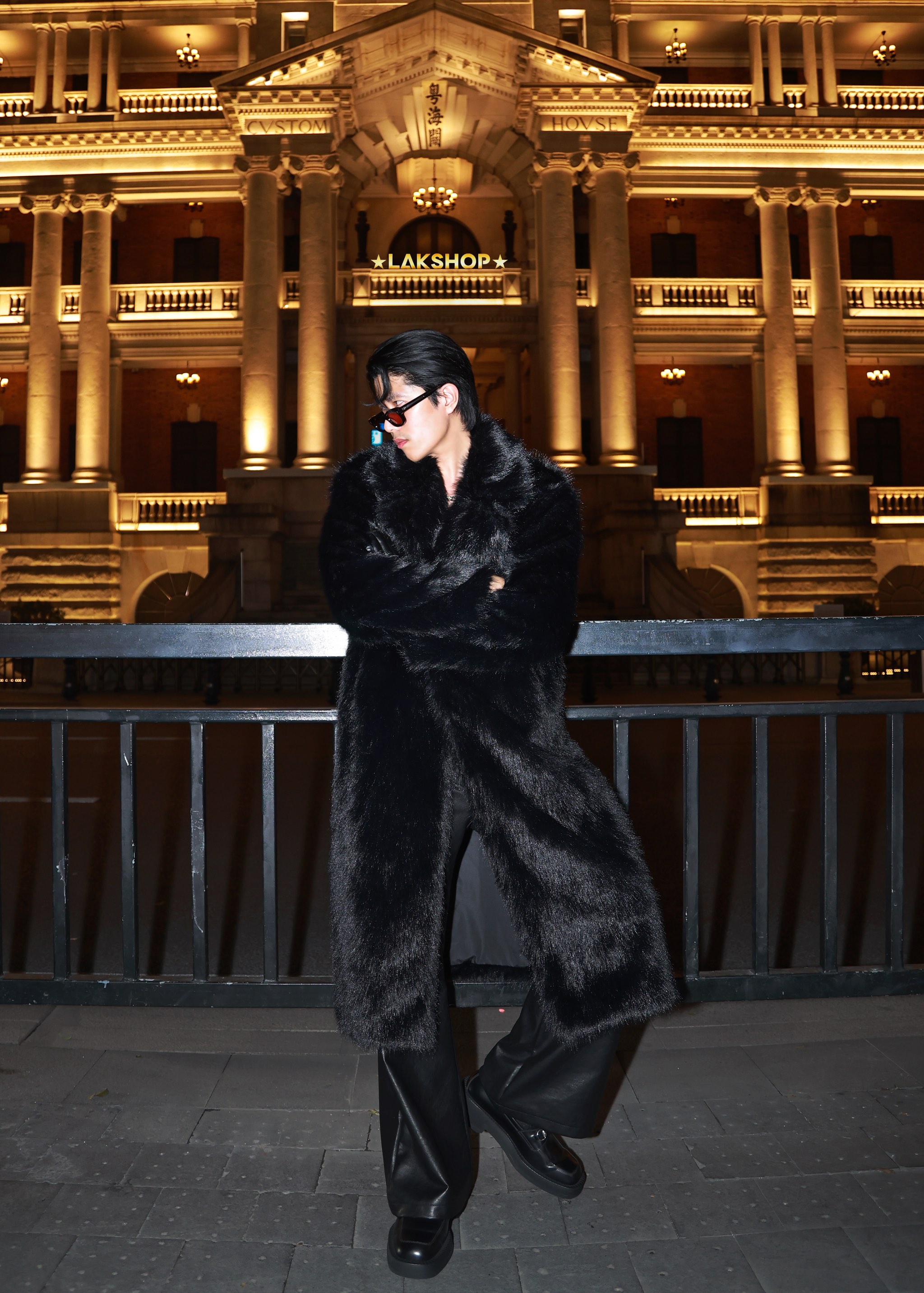 Áo Black Faux Fur Double-Breasted Long Coat Jacket