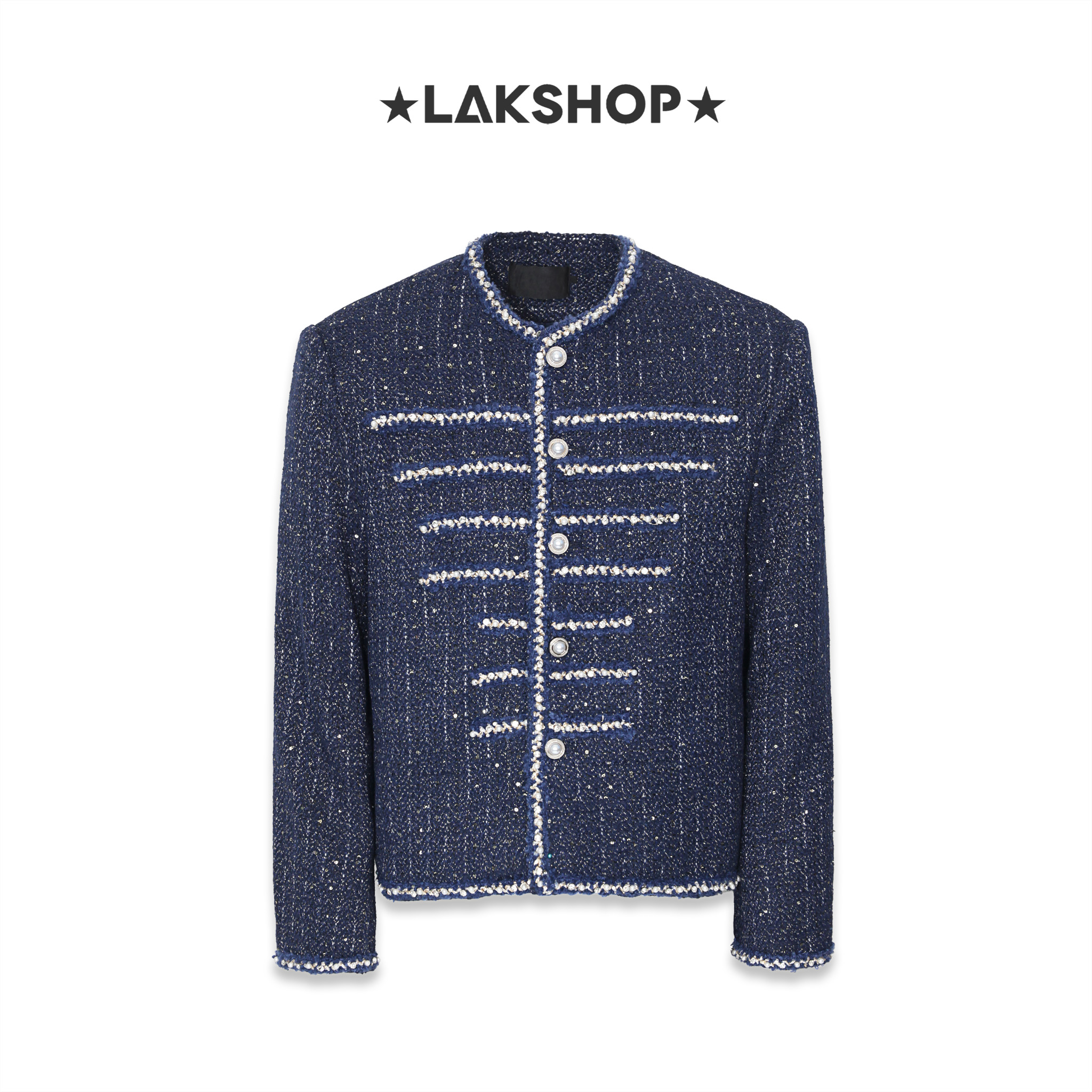 Áo Navy Tweed with Pearl Trim Military Jacket