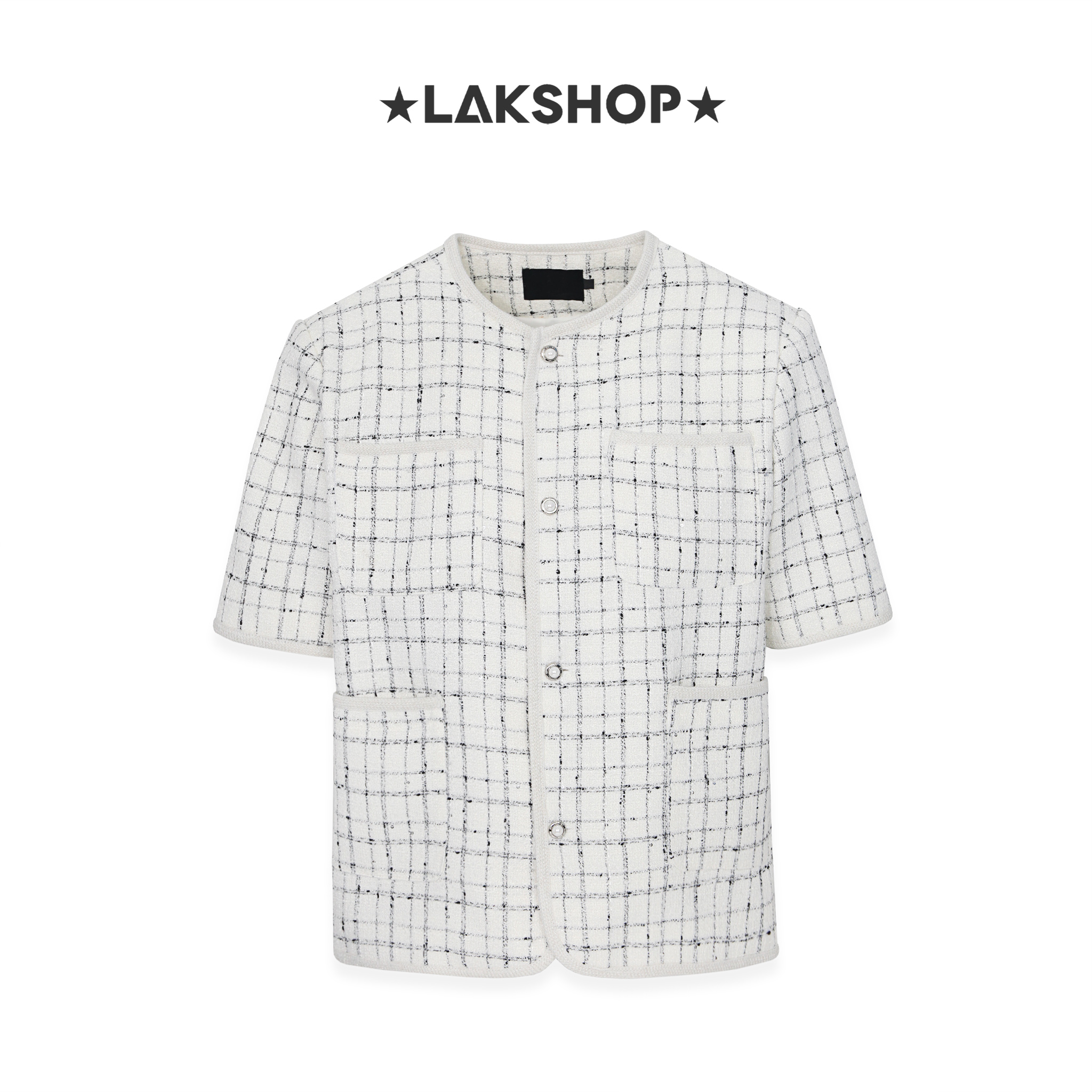 Áo White Grid Tweed Short Sleeve Jacket