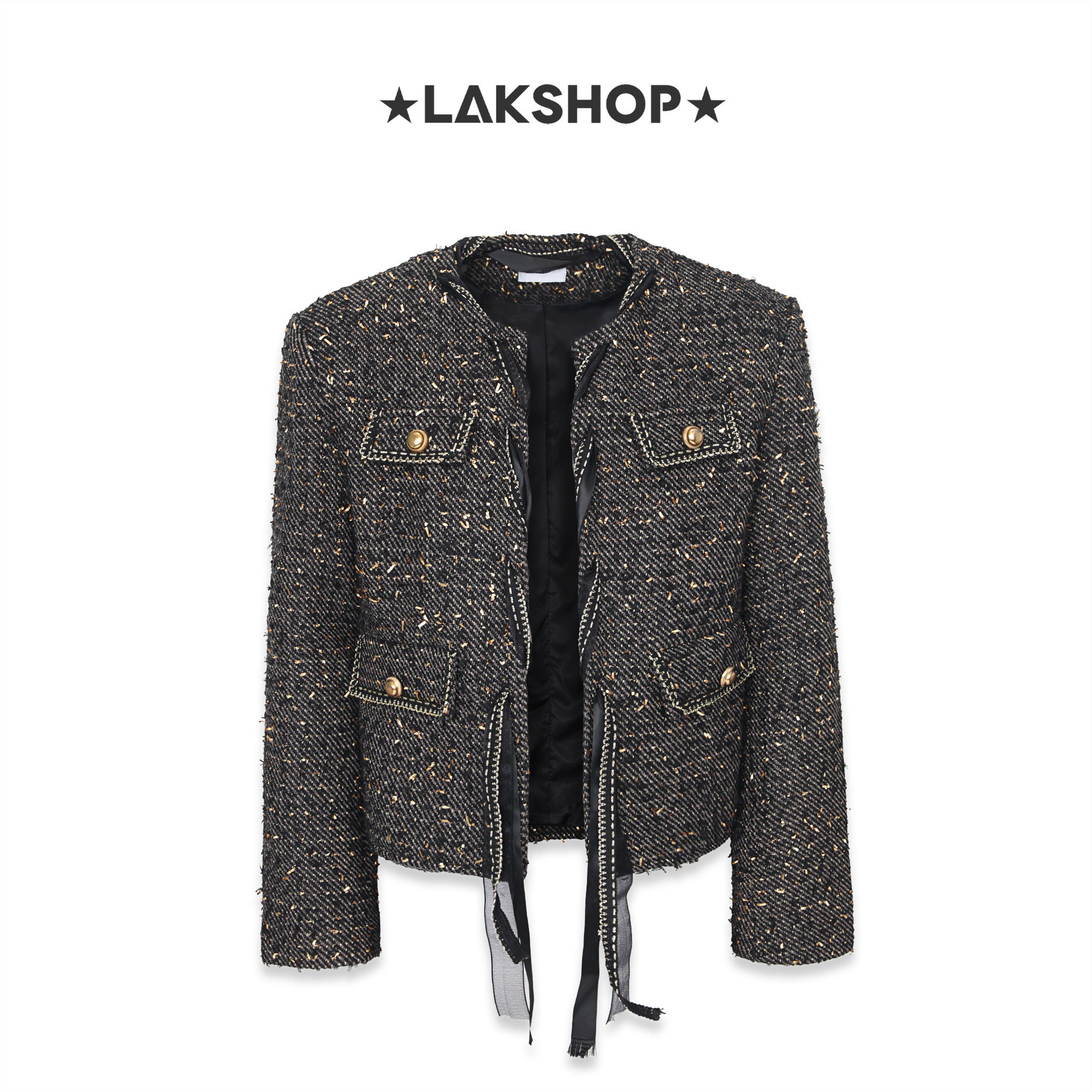 Áo Black Tweed Gold Button mix Silk Trim Jacket