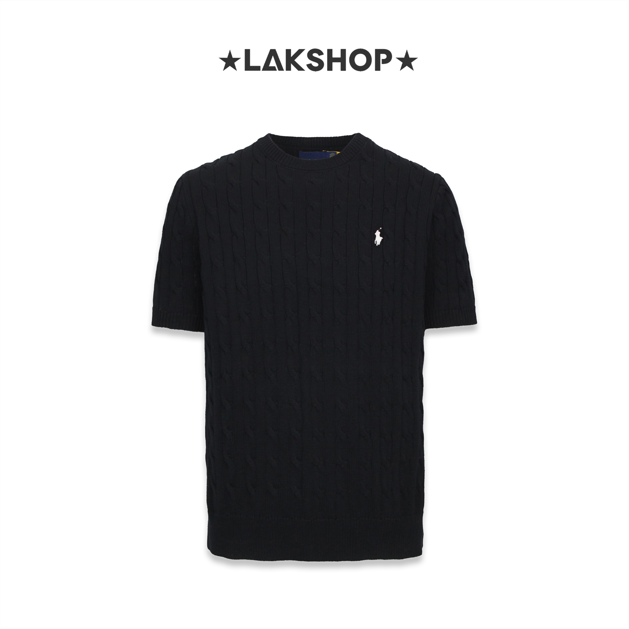 Áo R.L Black Ribbed Cable-Knit Short-Sleeve Sweater