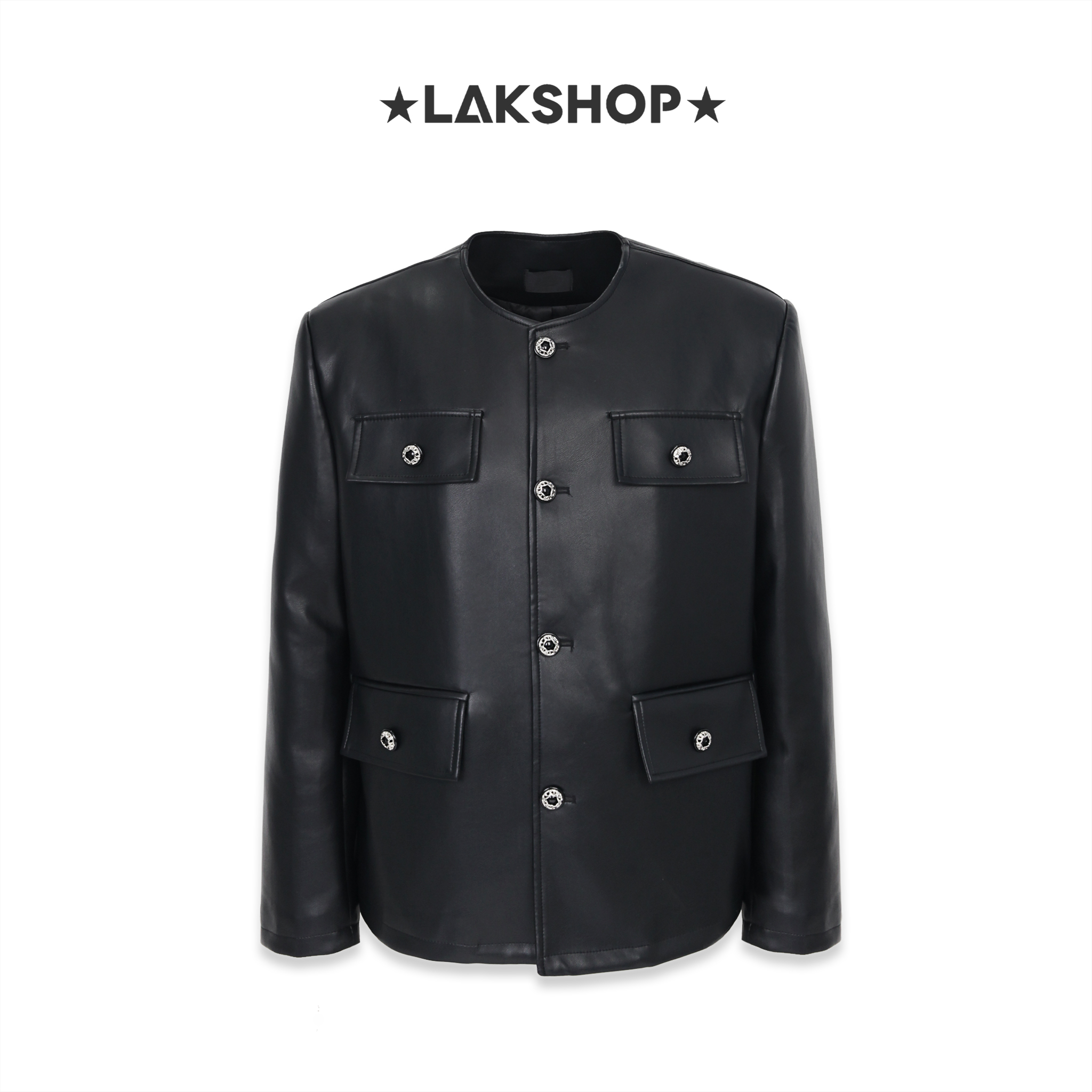 Áo Black Crewneck Leather Jacket