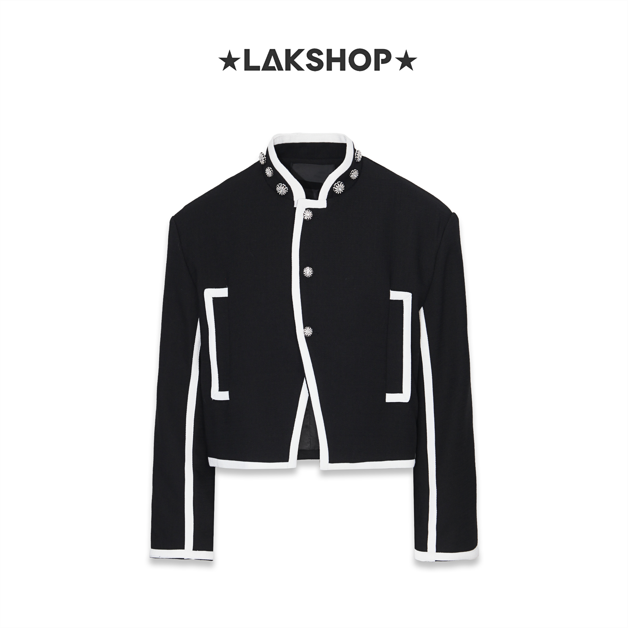 Áo Black with White Trim Stand Collar Button Jacket