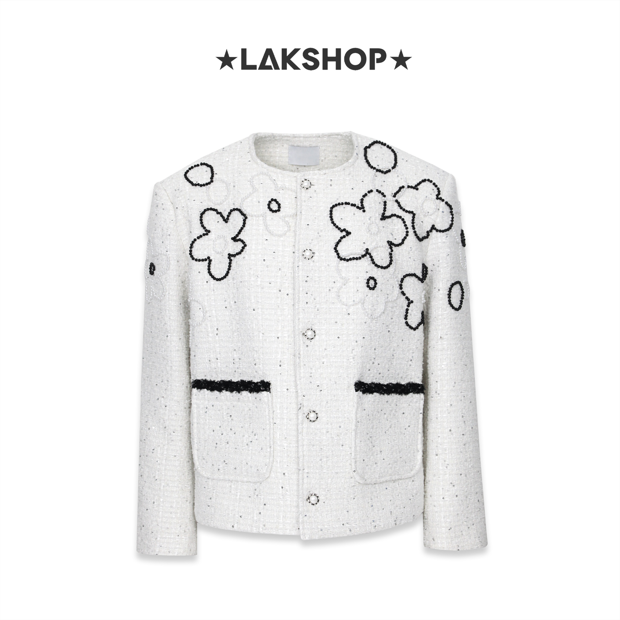 Áo White Tweed with Flower-shaped Bead Jacket