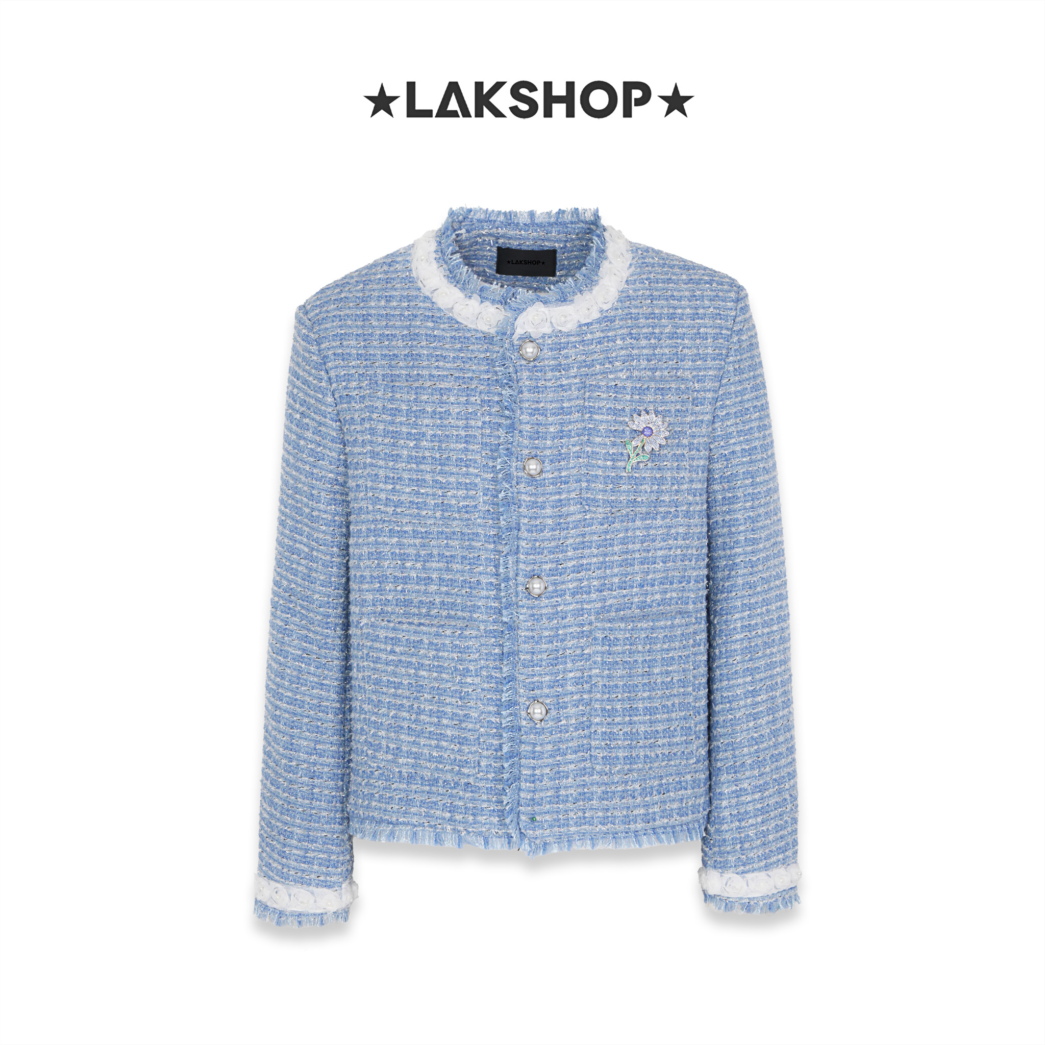 Áo Blue Áo Flower Trim Tweed Jacket
