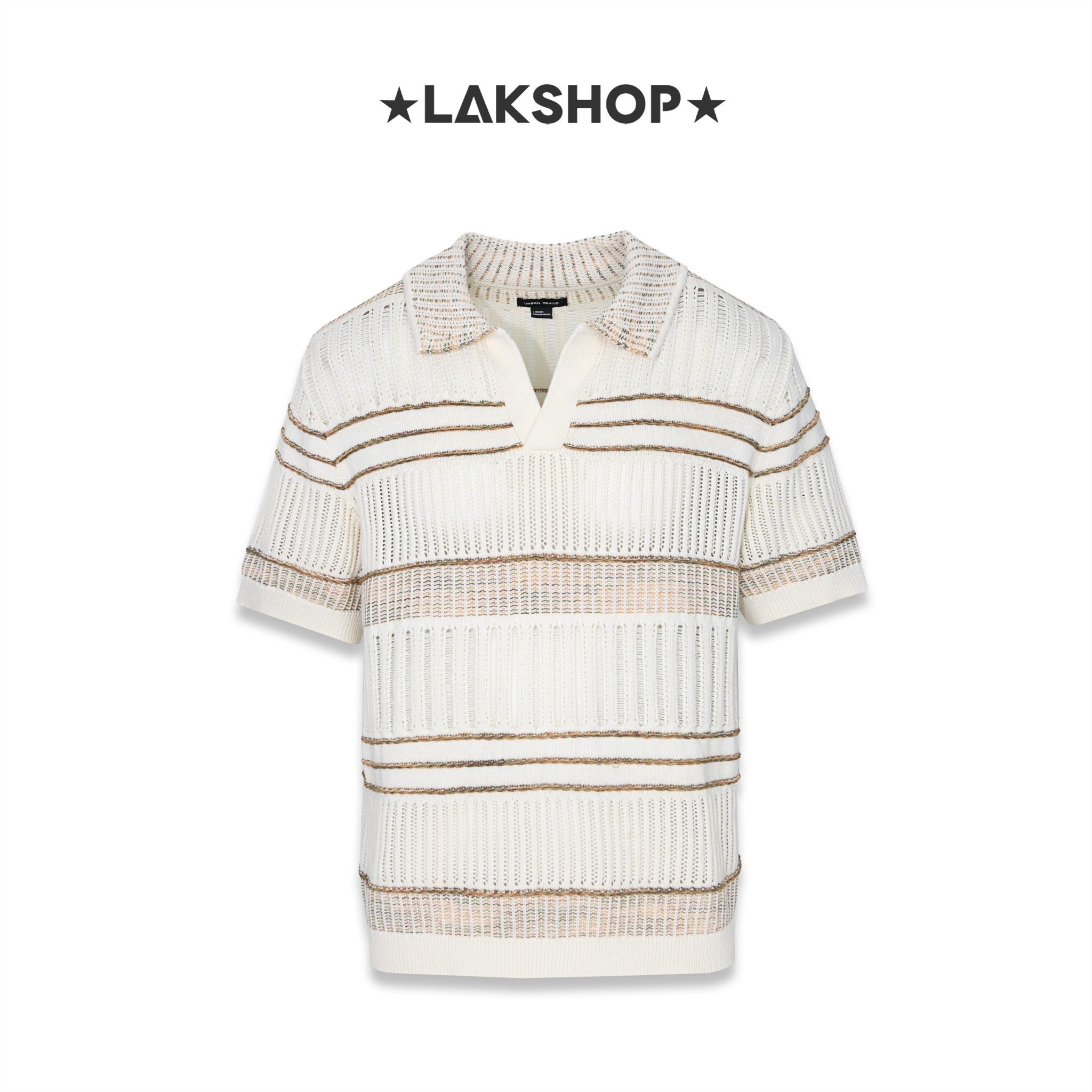 Áo White Knitted Stripe Polo Sweater