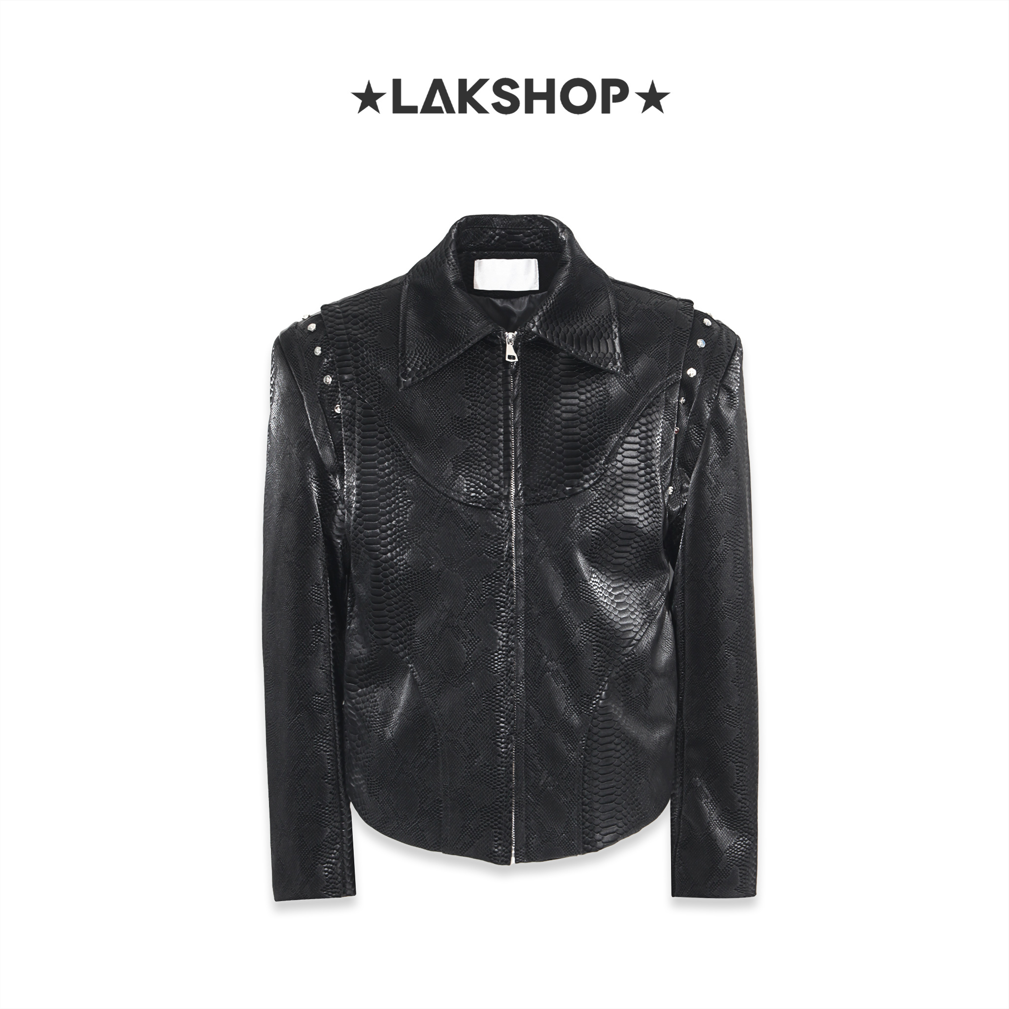 Áo Black Animal Faux Leather Shoulder Stud Jacket